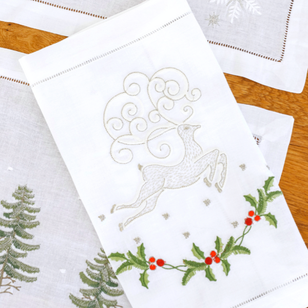 Deer Embroidered Christmas Placemat White