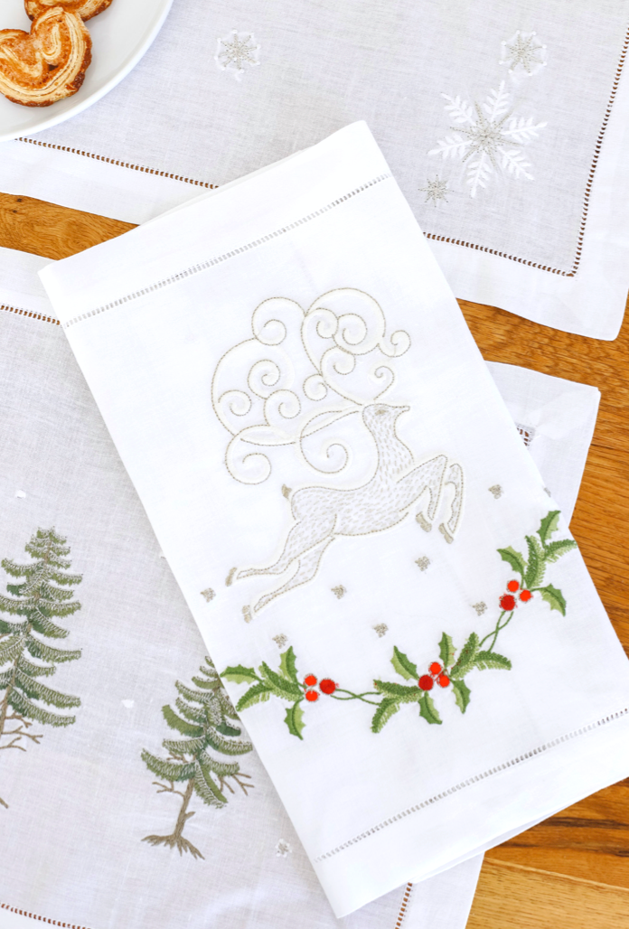 Deer Embroidered Christmas Placemat White