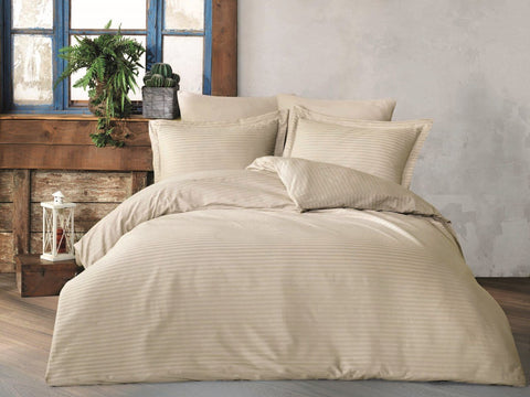 Como Deluxe Cotton Satin Striped Double Duvet Cover Set Beige