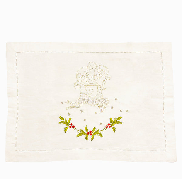 Deer Embroidered Christmas Placemat White