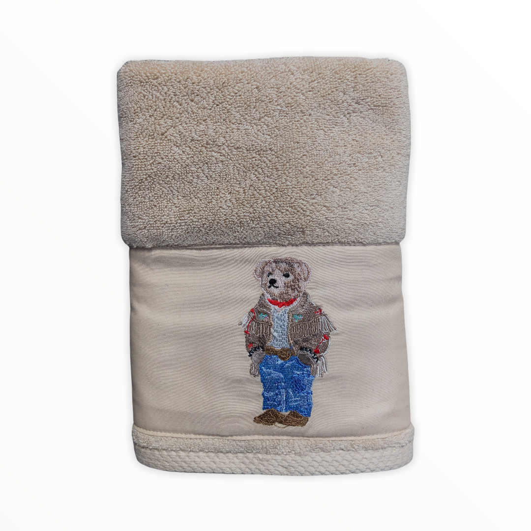 Hand Embroidery Teddy Bear Organic Cotton Towel Beige