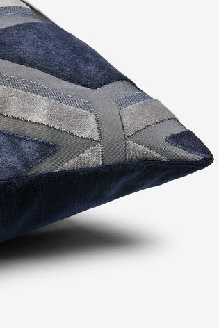 Geometric Patterned Velvet Cushion Cover Navy Blue