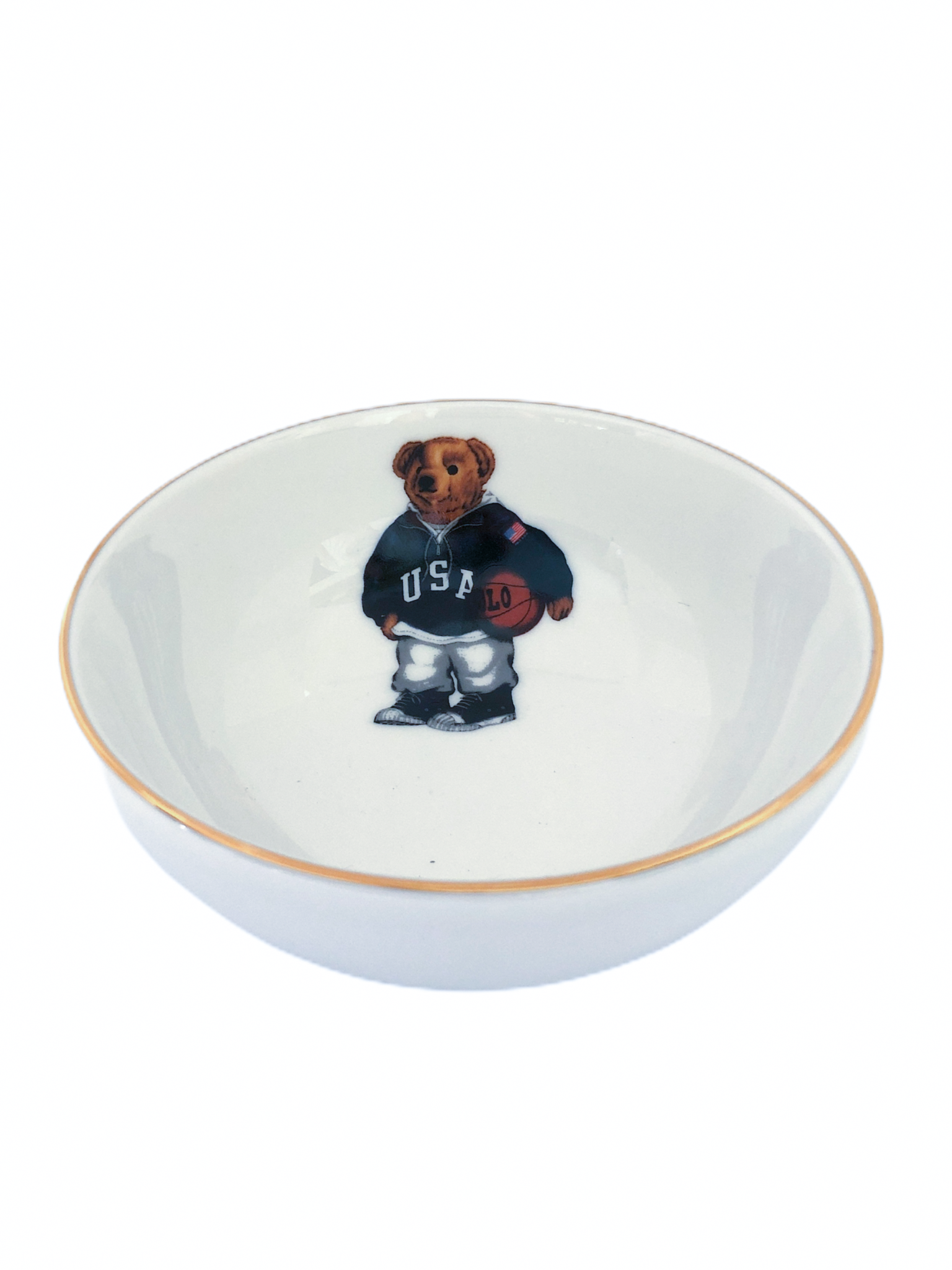 Basketball Player Teddy Bear Porcelain Bowl White